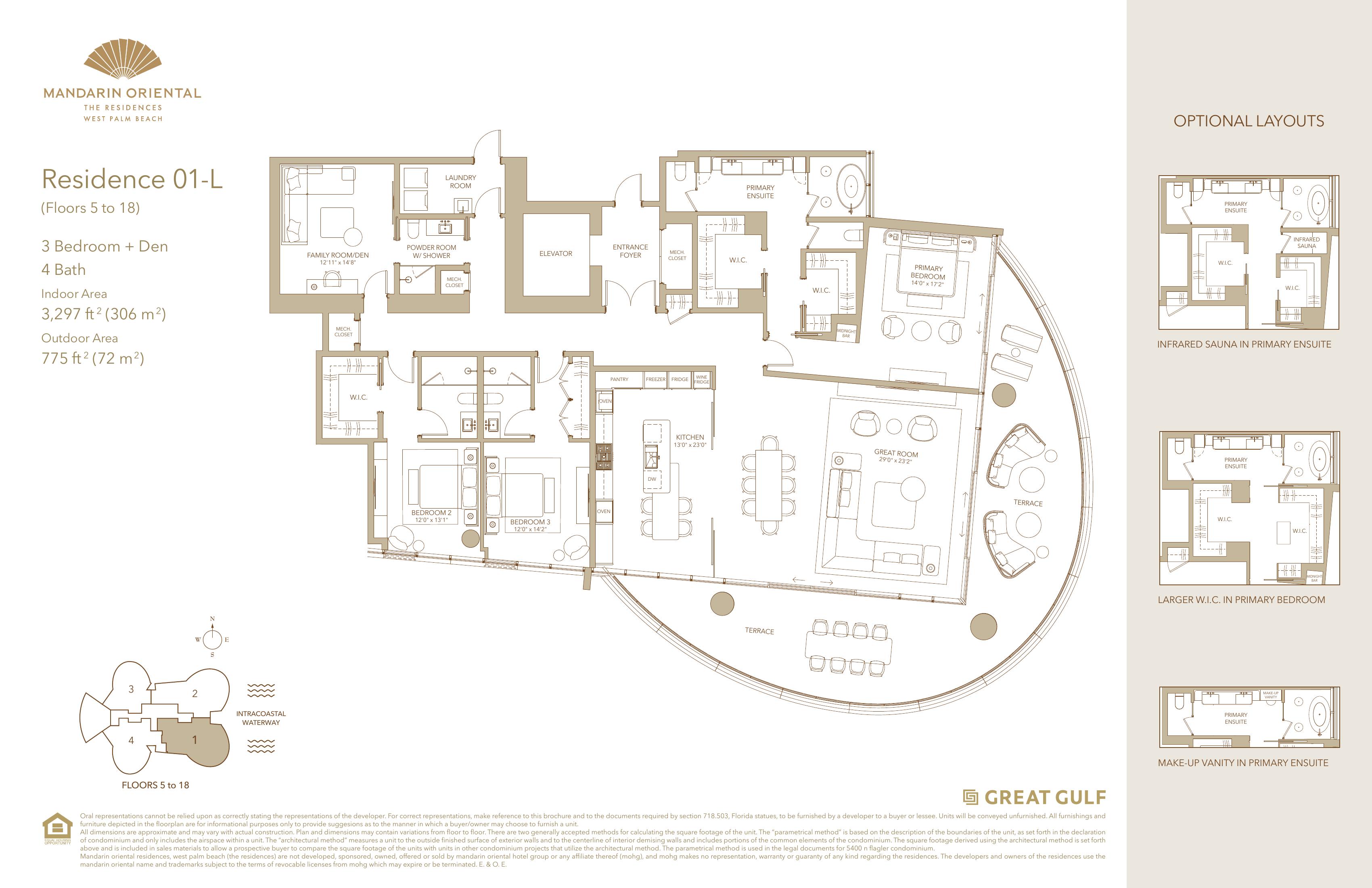Mandarin Oriental Residences West Palm Beach — Residence 01 Lower floor plan (3BR + Den, 3,297 sq ft, SE corner)