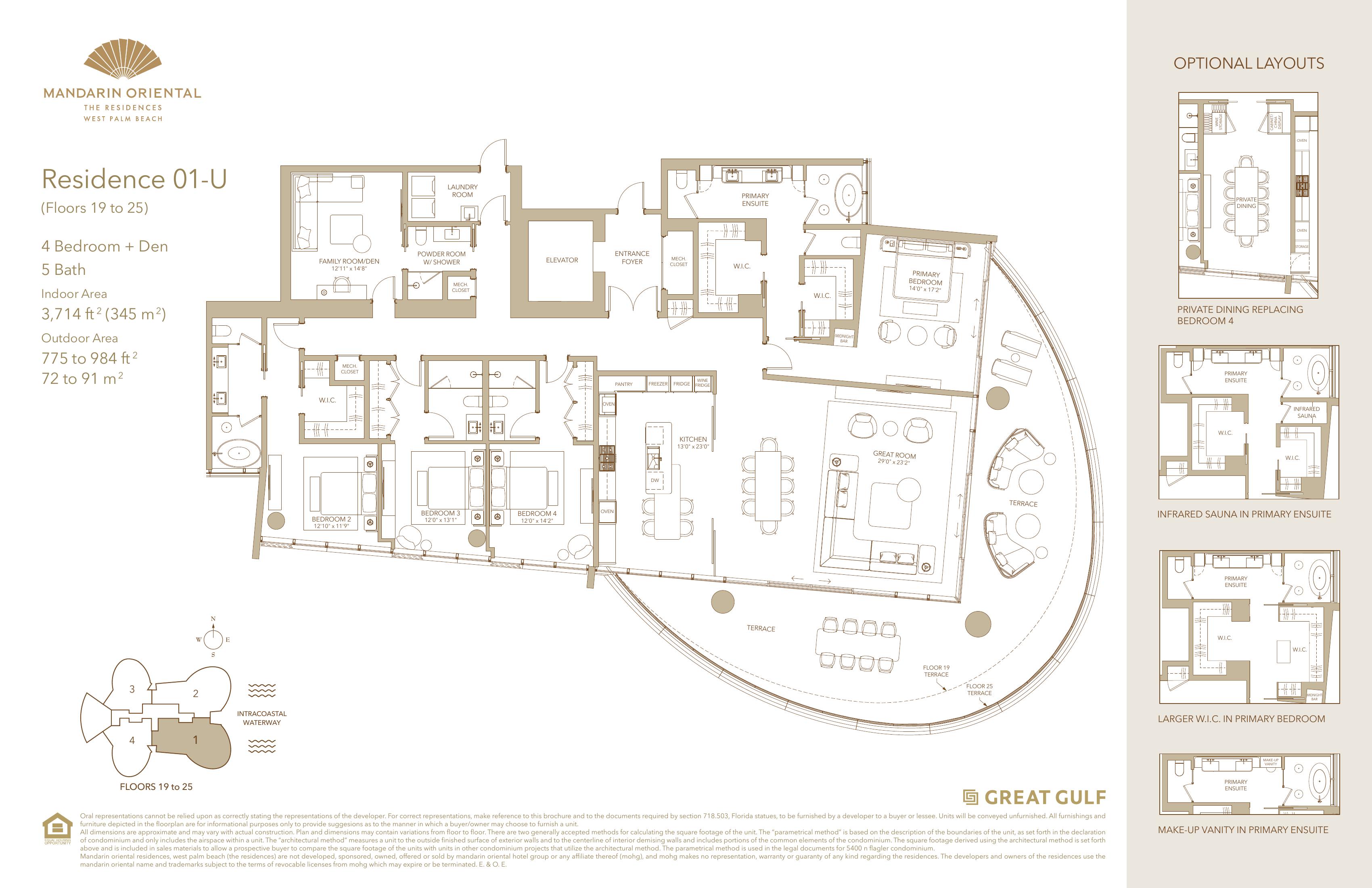 Mandarin Oriental Residences West Palm Beach — Residence 01 Upper floor plan (4BR + Den, 3,714 sq ft, SE corner)