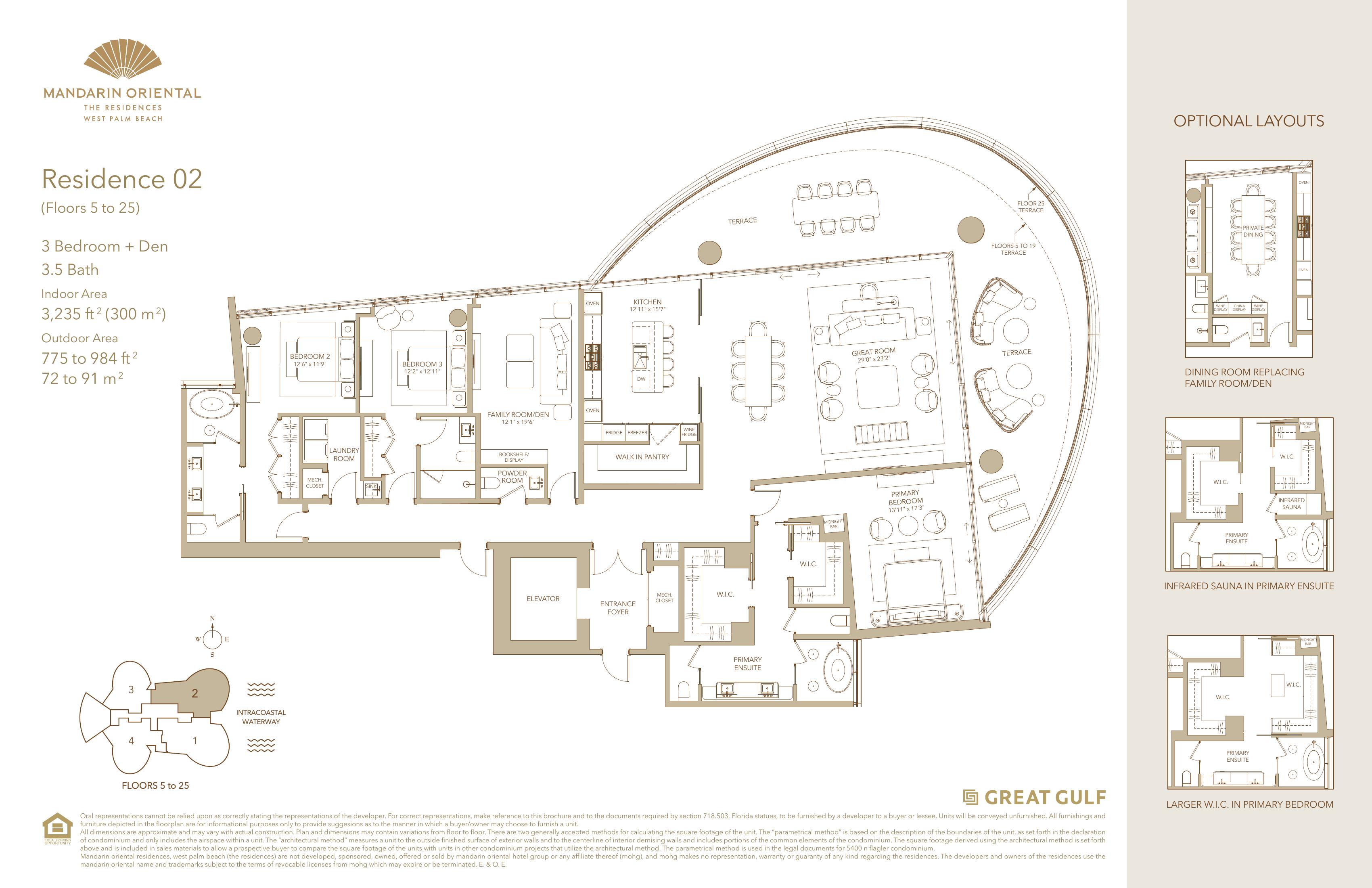 Mandarin Oriental Residences West Palm Beach — Residence 02 floor plan (3BR + Den, 3,235 sq ft, NE corner)