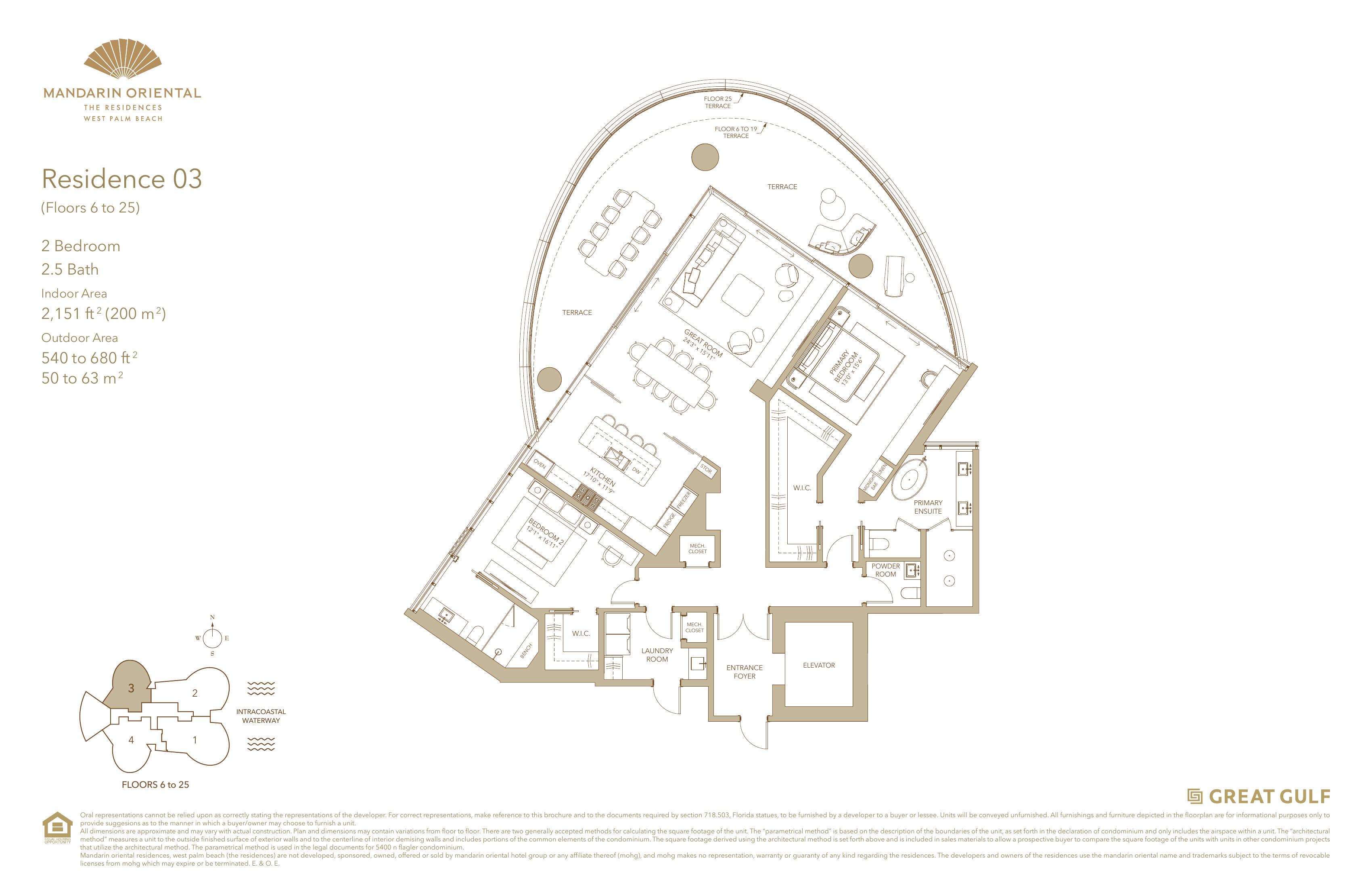 Mandarin Oriental Residences West Palm Beach — Residence 03 floor plan (2BR / 2.5BA, 2,151 sq ft, NW corner with NE views)