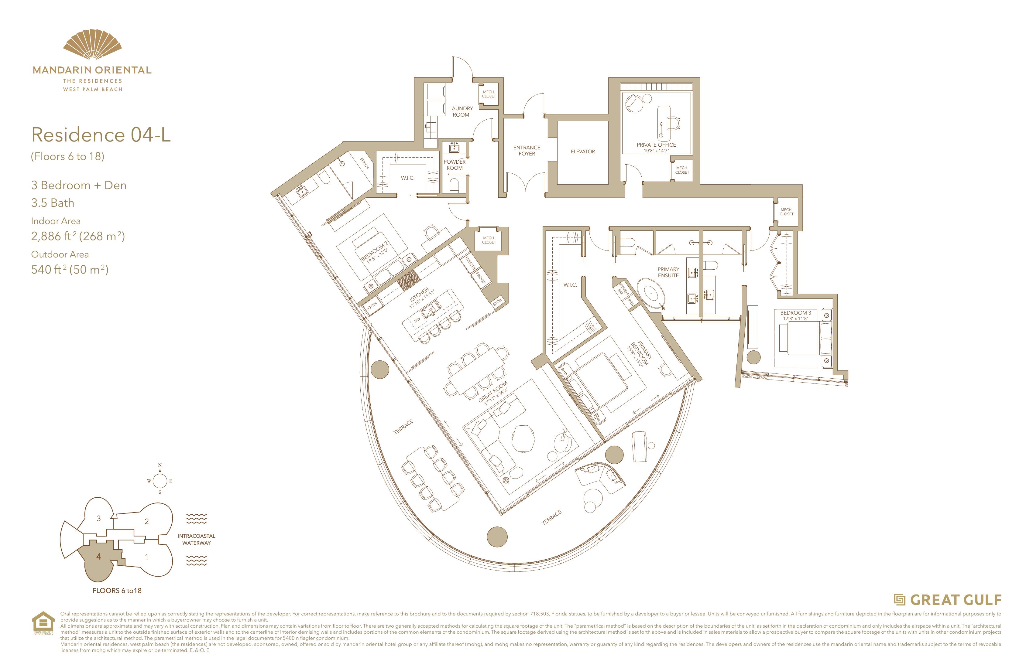 Mandarin Oriental Residences West Palm Beach — Residence 04 Lower floor plan (3BR + Den, 2,886 sq ft, SW corner with SE views)
