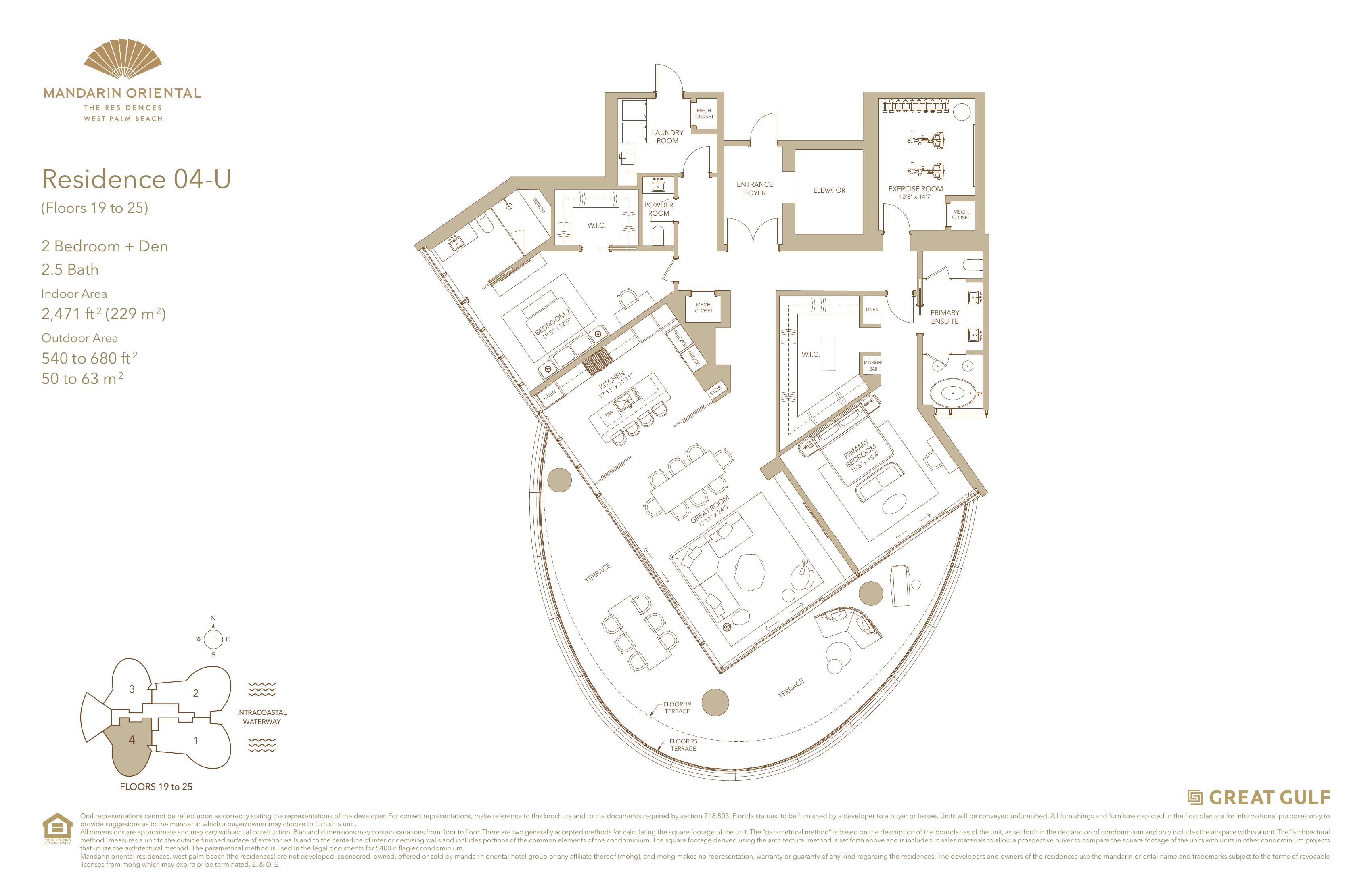 Mandarin Oriental Residences West Palm Beach — Residence 04 Upper floor plan (2BR + Den, 2,471 sq ft, SW corner with SE views)